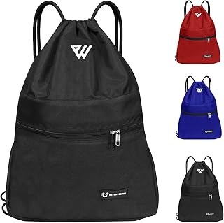 WESTWOOD FOX WFX Drawstring Bag String Waterproof Sport Gym Sack Backpack for Women Men PE Bag Outside Pocket Zipper School Beach Holidays Swimming Travel (Jet Black)