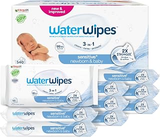 WaterWipes Sensitive+ Newborn & Baby Wipes, 9 Packs | 540 3-in-1 wipes that cleanse, protect and care for your skin, 99.9% water, fragrance and alcohol free