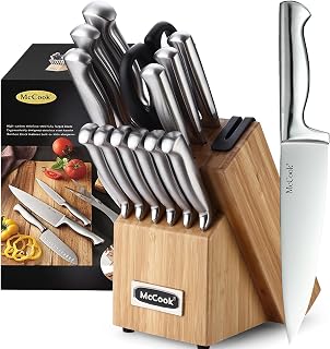 McCook Knife Set Kitchen Steel Knife Block Set w Built-in Sharpener | German Forged Stainless Steel,15 PC,Razor Sharp,Non-Stick&Anti-Rust,Ergonomic Handle,Full Tang,Gift Box
