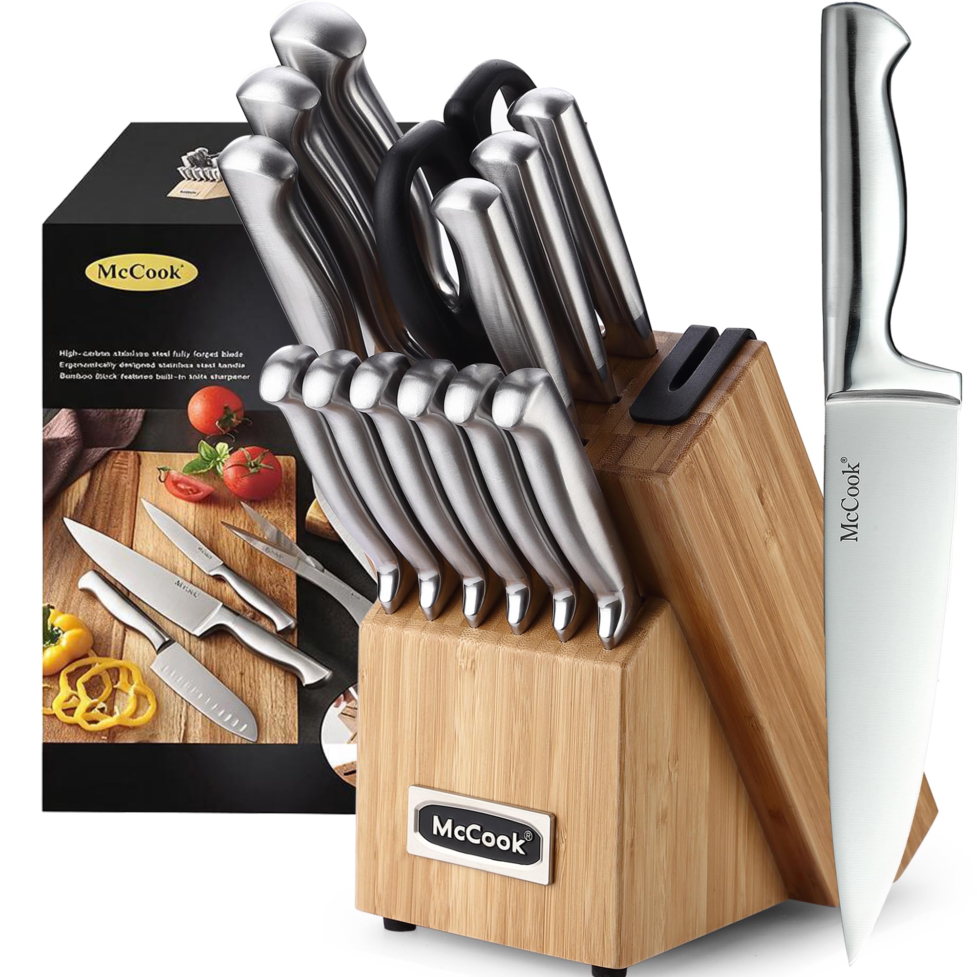 McCook Knife Set Kitchen Steel Knife Block Set w Built-in Sharpener | German For