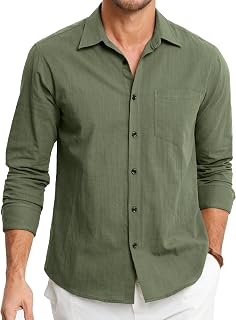 HISDERN Men's Linen and Cotton Shirts Long Sleeve Causal Buttons Regular Fit Summer Lightweight Beach Shirts with Pocket