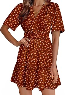 Dokotoo Womens Summer Dresses 2026 Boho Floral Short Sleeve V Neck Smocked Waist Casual A-Line Swing Mini Dress Sundress