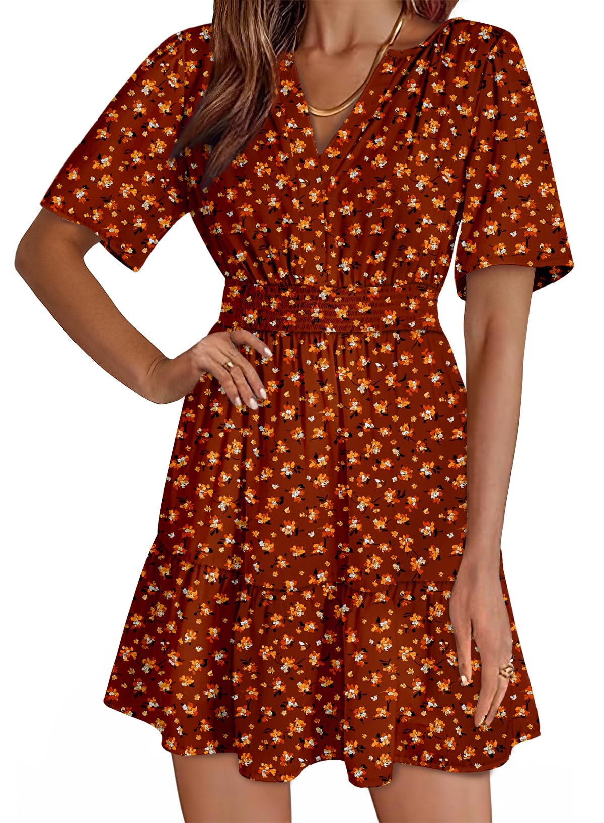 Dokotoo Womens Summer Dresses 2026 Boho Floral Short Sleeve V Neck Smocked Waist