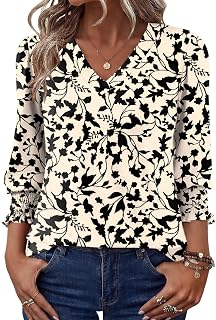Rapbin 3/4 レングス スリーブ レディース トップス パフスリーブ Vネック ブラウス ドレッシー カジュアル Tシャツ ルーズ フィット チュニック レギンス