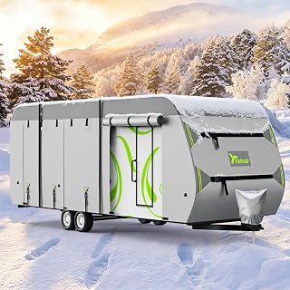 Yelmzir Travel Trailer RV Cover 24-27 ft, Rip-Stop Motorhome Camper Covers | Heavy Duty 420D Oxford Fabric Waterproof for Winter Snow with Windproof Straps, Tongue Jack Cover & Gutter Covers