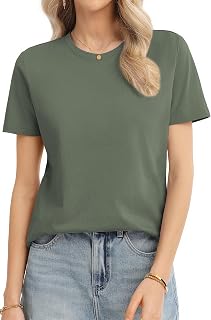 QUALFORT レディース 綿100% 半袖Tシャツ、クルーネックベーシックTシャツ