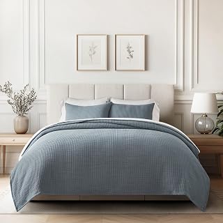 EverGrace Cotton Gauze Matelassé Coverlet Set, King Size, Dusty Blue | Ultra Soft Pick Stitch Prewashed Cotton Bedspread, Lightweight Textured Oversized Quilt, All Season Bedding Set with 2 Shams