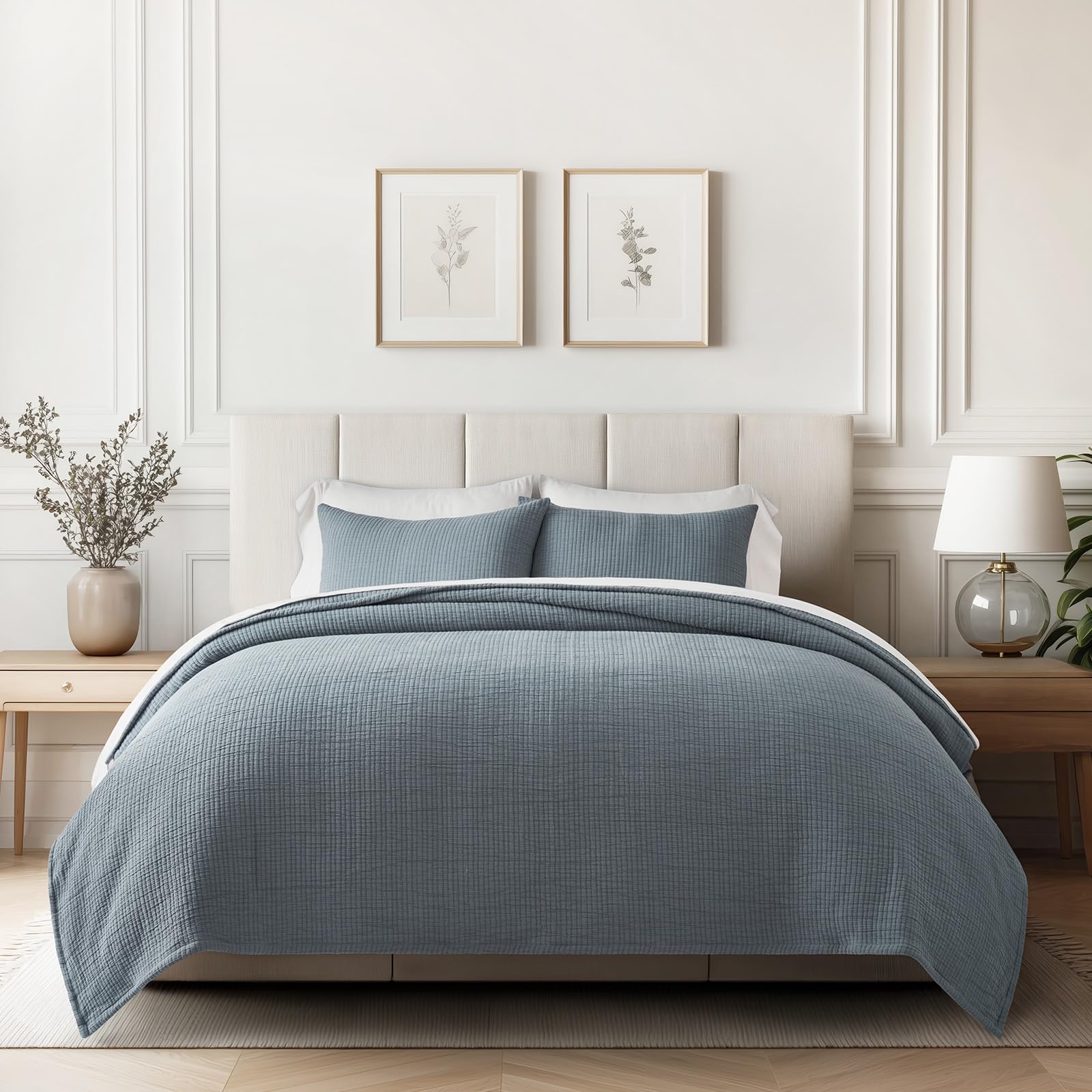 EverGrace Cotton Gauze Matelassé Coverlet Set, King Size, Dusty Blue | Ultra Sof