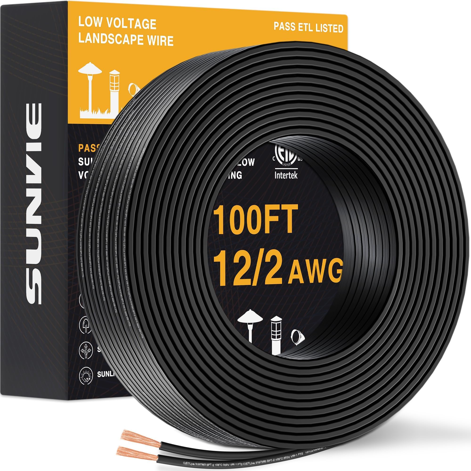 SUNVIE 100FT 12/2 Low Voltage Landscape Wire ETL Listed Copper Wire 12AWG | Pure