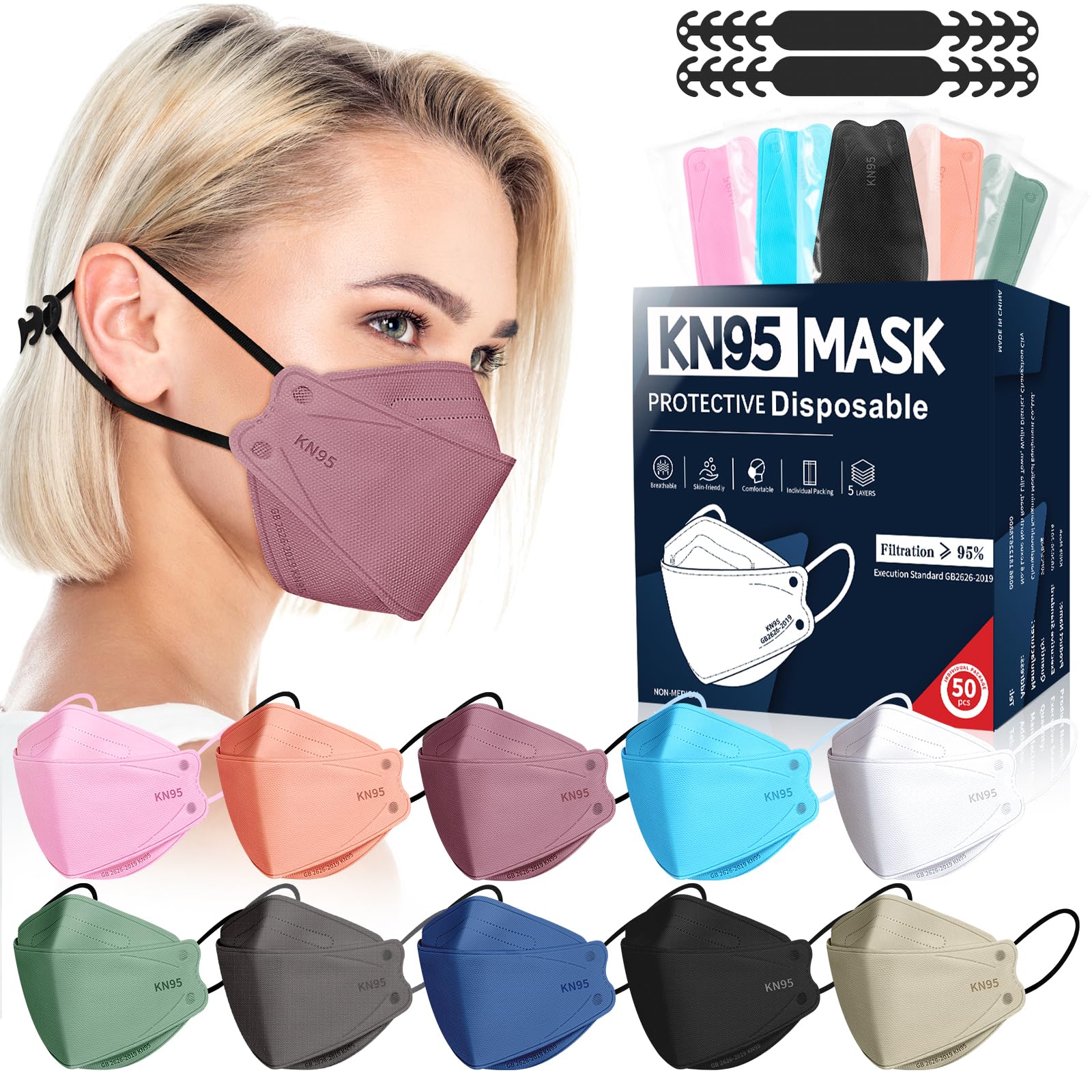 FENFEN KN95 Face Masks Disposable Adults - 50 Pack 5 Layer Protection Dust Breat