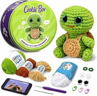 Cookie Box Crochet Kit for Beginners, Turtle Hugo | All Materials Included, Step-by-Step Video Tutorials, PDF Patterns, Easy DIY Craft, Amigurumi and Knitting Gift Set