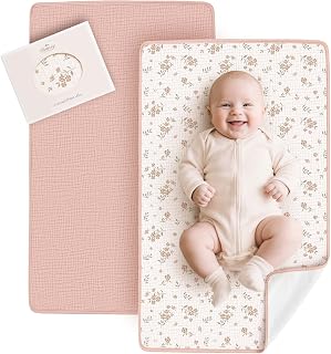 Konssy 2 Pack Waterproof Muslin Portable Changing Pad, Diaper Changing Mat | Soft &amp; Foldable, Cotton Surface with Terry Backing &amp; Waterproof Lining, for Newborn Girls &amp; Boys, 30" x 17" (Pink,Blossom)