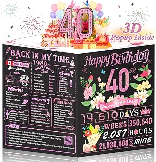 OLOSONG 40th Birthday Cards for Women, 3D Pop Up 40th Birthday Decorations Ideas for Mother, Rose Gold Happy 40 Year Old Birthday Gifts for Mom Wife Aunt Sister Her with Envelope, Jumbo Back In 1986
