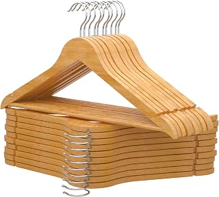 PORTENTUM Wooden Hangers, Pack of 20, Natural Colour. 360º Swivel Hook, All Types of Clothes, Trouser Hangers, Non-Slip Hangers for Suits, Jackets and Shirts, Notches for Dresses, Blouses and Skirts