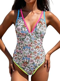 popvil Women One Piece Swimsuit 2025 Tummy Control Neon Color Block Swimwear Deep V Neck Slimming Swimsuit