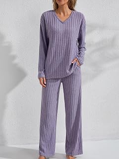 2 Piece Lounge Set for Women, Ribbed Outfit, Long Sleeve Top, V Neck and Straight Leg Pants, Comfortable Outfits for Fall