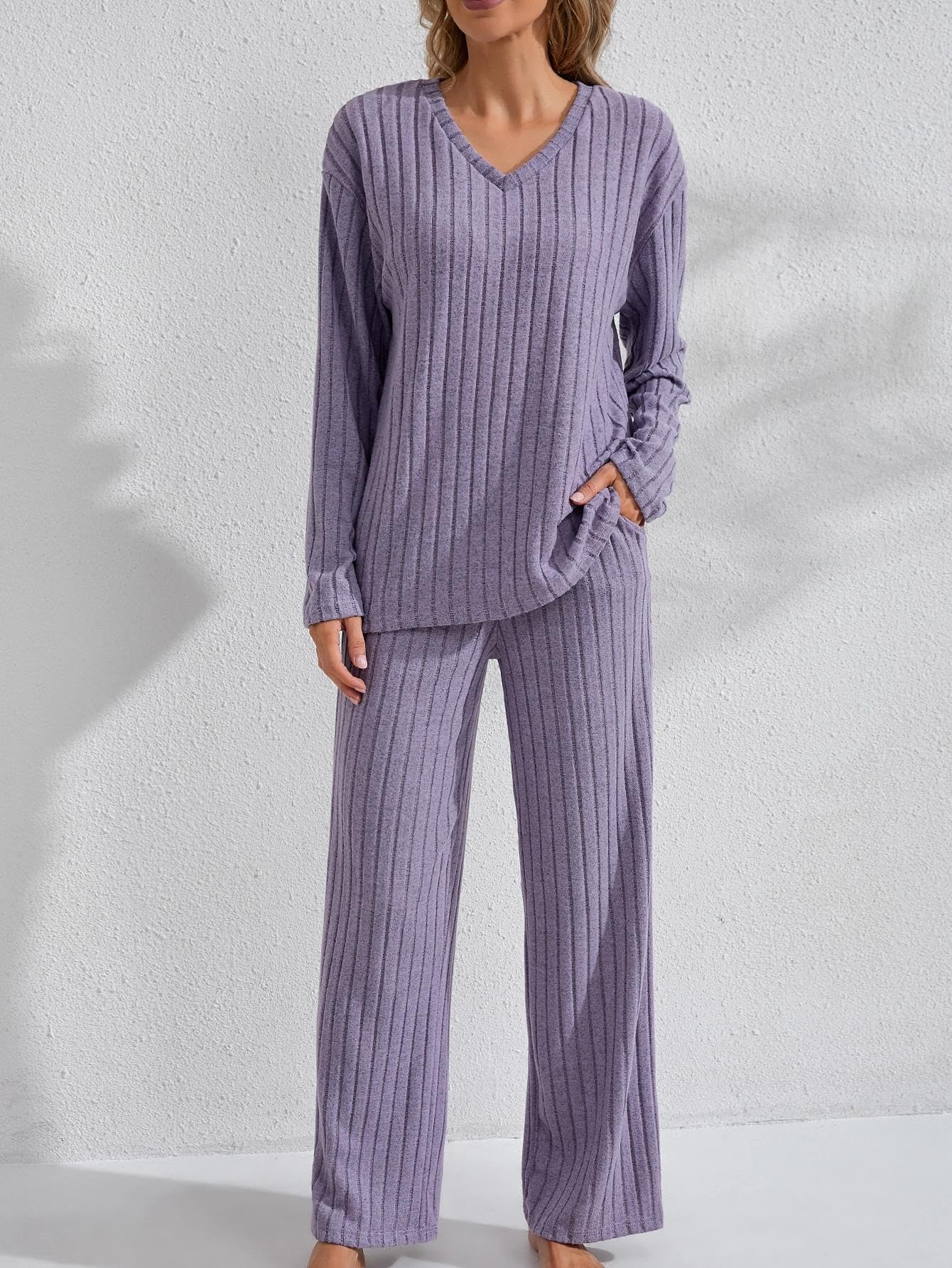 2 Piece Lounge Set for Women, Ribbed Outfit, Long Sleeve Top, V Neck and Straigh