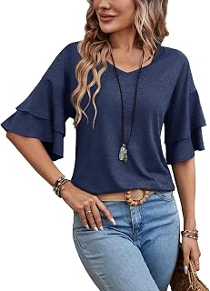 Sialois Women Blouses 3/4 Sleeve Ruffle V Neck Casual Tunic Spring Autumn Summer Fashion Work Wear