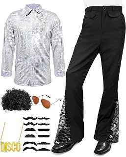 17 pezzi da uomo anni '70 Costume da discoteca Paillettes Bell Bottom Pants Shiny Paillettes Maniche Lunghe Parrucche Collana Baffi Occhiali da sole (Nero, Marrone, Oro, Argento, XL)