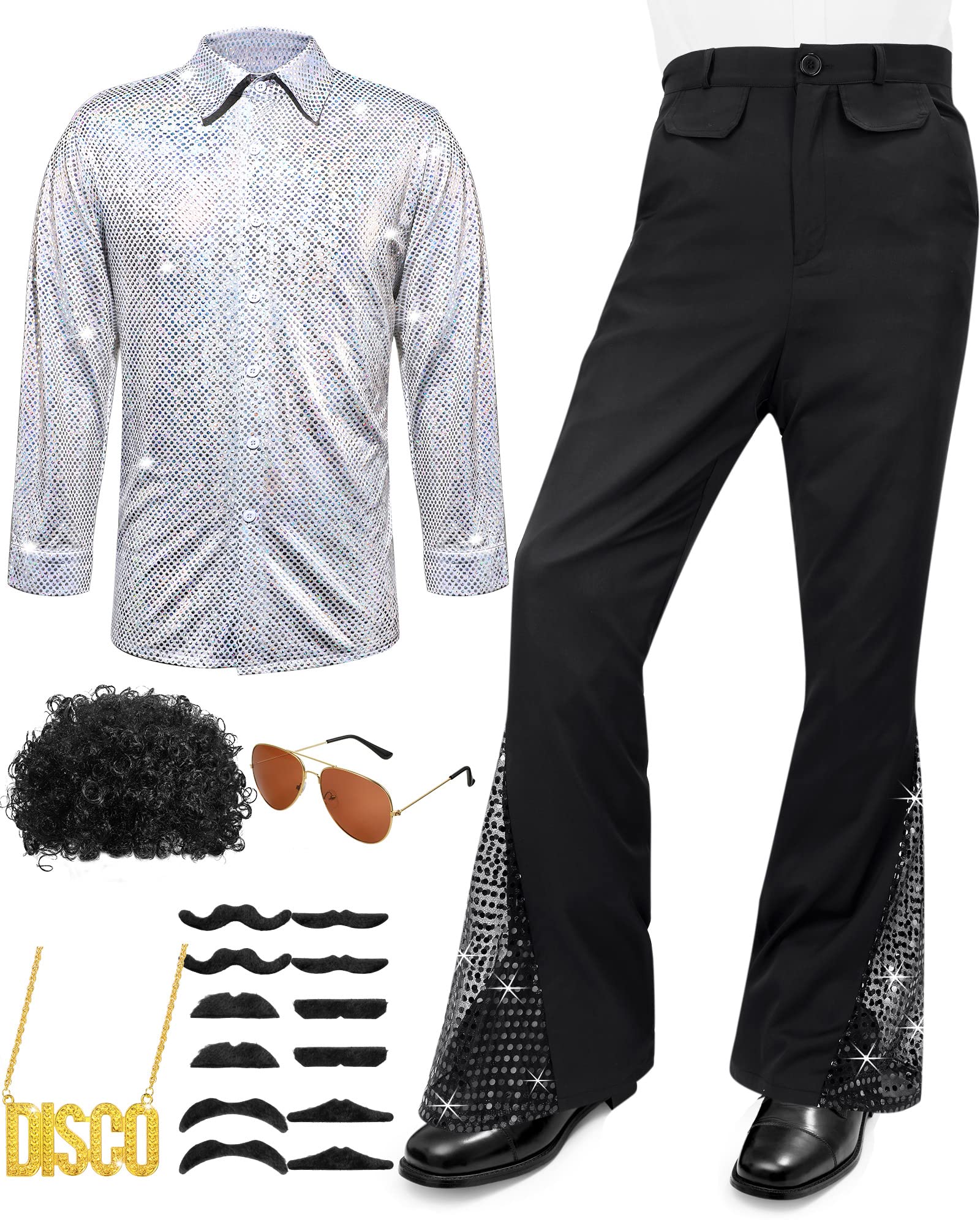 17 pezzi da uomo anni '70 Costume da discoteca Paillettes Bell Bottom Pants Shin