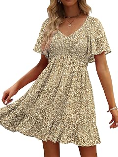 UEAL Women Summer Casual Loose V Neck Pockets Floral Swing Dress