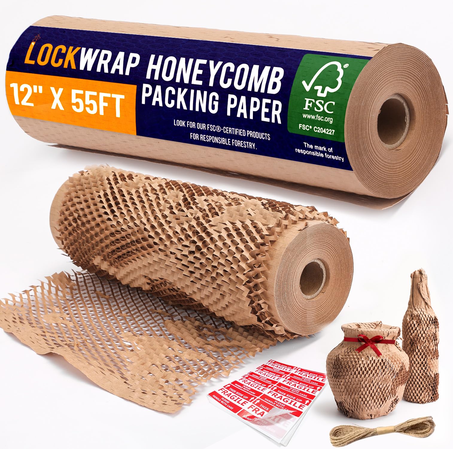 Honeycomb Packing Paper For Moving 12" x 55ft With Rope & Fragile Stickers | Eco
