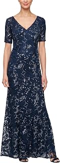 Alex Long A-Line Sequin Lace Dress Short Sleeves (Regular Petite) Women's Special Occasion Dress