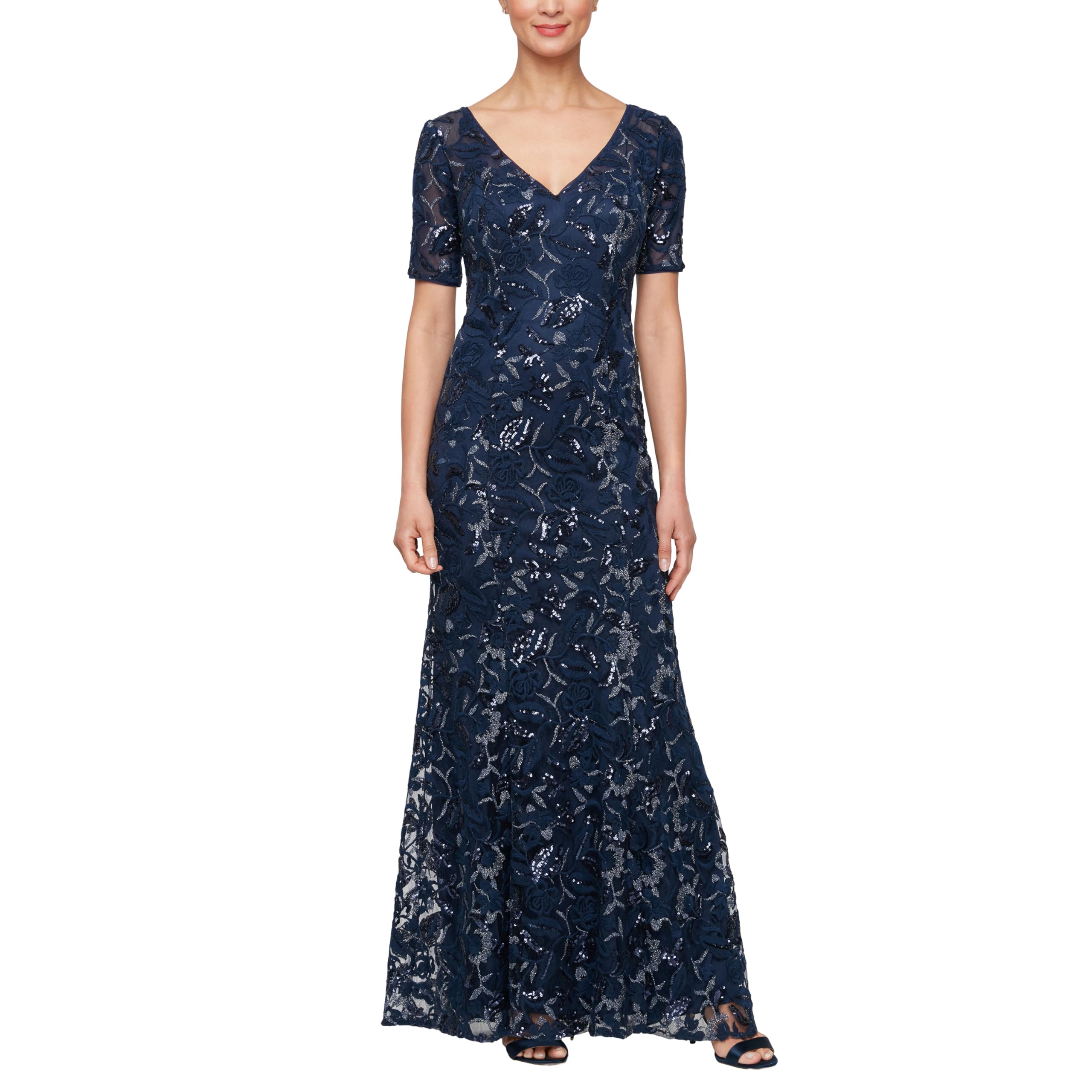 Alex Long A-Line Sequin Lace Dress Short Sleeves (Regular Petite) Women's Specia