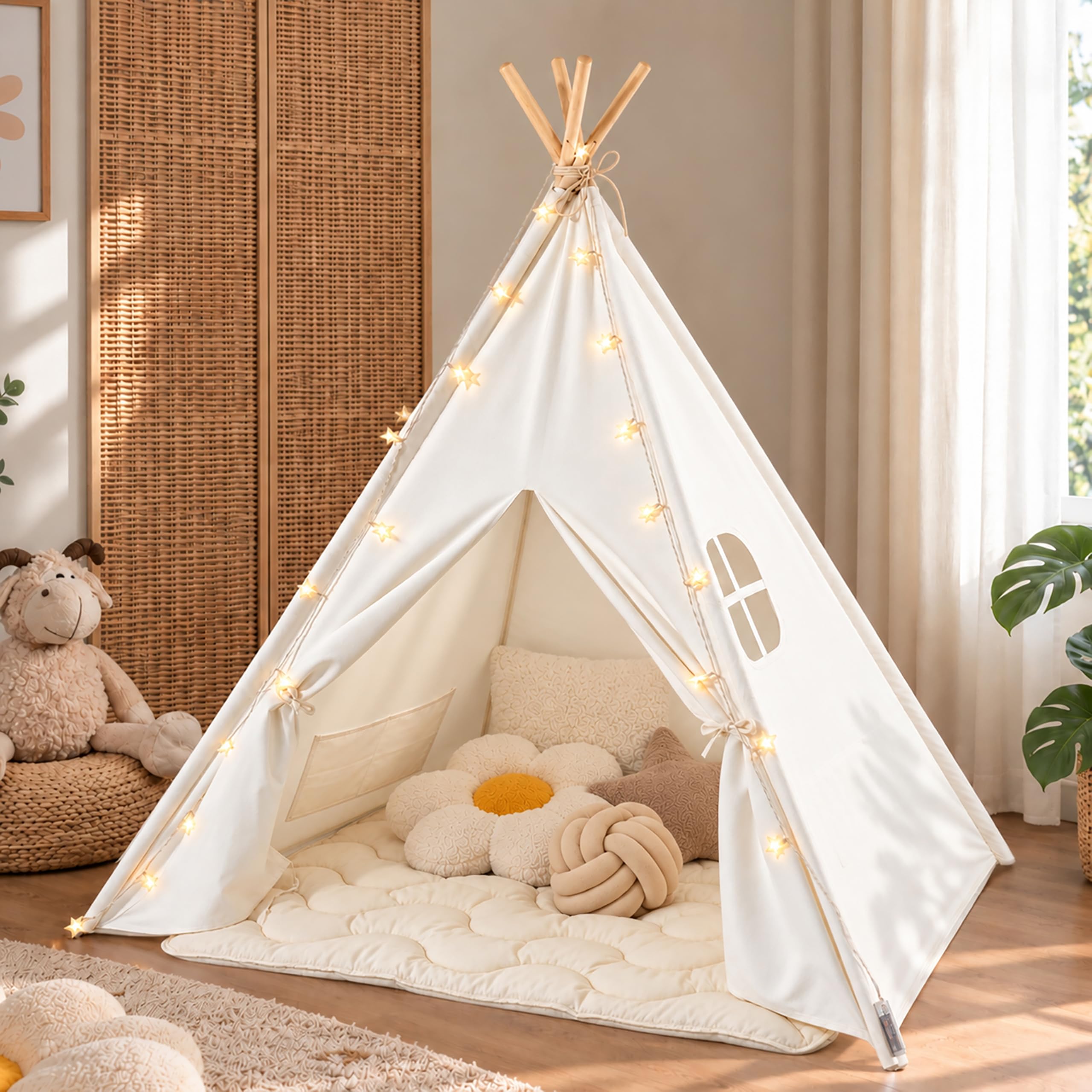 Tiny Land 100% Cotton Canvas Teepee Tent for Kids with Mat & Star Lights | 47" ×