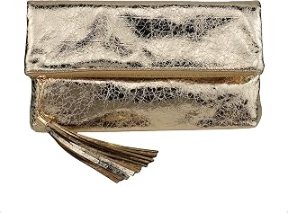 JNB Women's Cracked Metallic Fabric Foldover Clutch with Tassel
