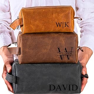 Personalized Leather Toiletry Bag for Men, Dopp Kit Gift | Genuine Leather, Water-Resistant Lining; Fits Razor & Travel Bottles. Christmas Gift For Dad, Husband Or Groomsmen