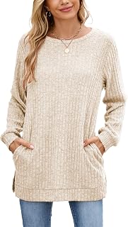 Famulily Women's Long Sleeve Elegant Crew Neck Ribbed Jumper with Loose Side Slits with Pockets