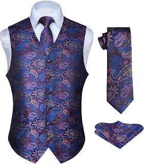 HISDERN Men's Vest Tie Set 3 Pieces Formal Waistcoat Paisley Floral Jacquard Tie Pocket Square Suit Vest Wedding Party