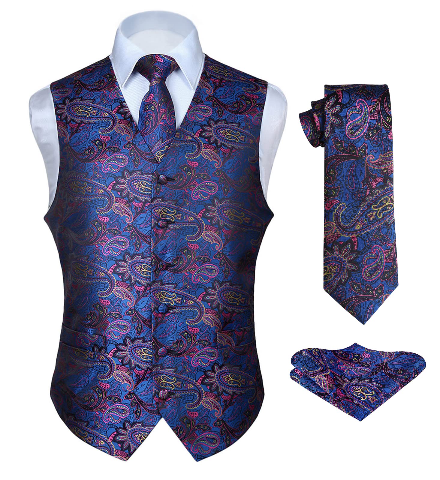 HISDERN Men's Vest Tie Set 3 Pieces Formal Waistcoat Paisley Floral Jacquard Tie
