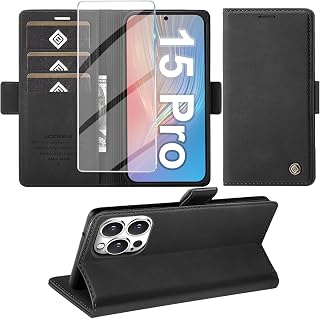 Giyer Cover for iPhone 15 Pro Case with Tempered Glass, Premium PU Wallet RFID Card Slot Anti-Theft Function Stand Flip Case, Shockproof for iPhone 15 Pro 5G Cover (Black)