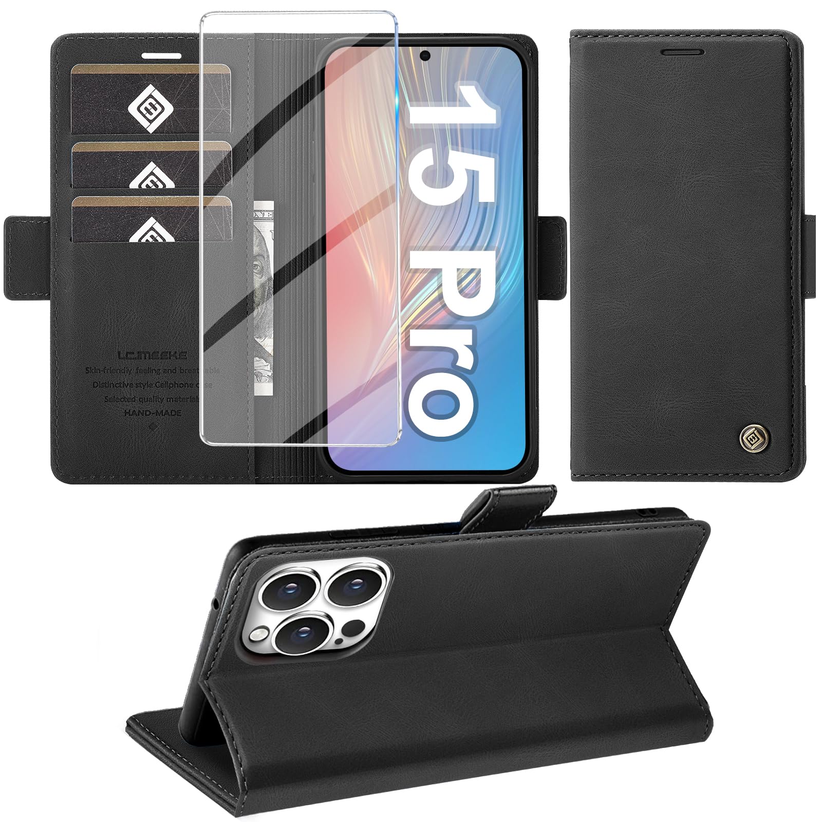 Giyer Cover for iPhone 15 Pro Case with Tempered Glass, Premium PU Wallet RFID C