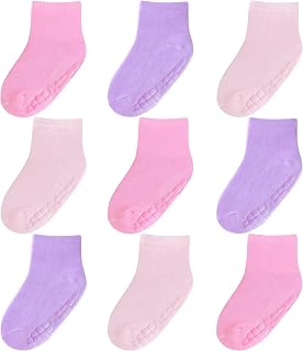 Toddler Socks with Grips (9 Pairs) for 0 Month - 7 Years Old, Mid-Crew Socks for Baby Boy Girl