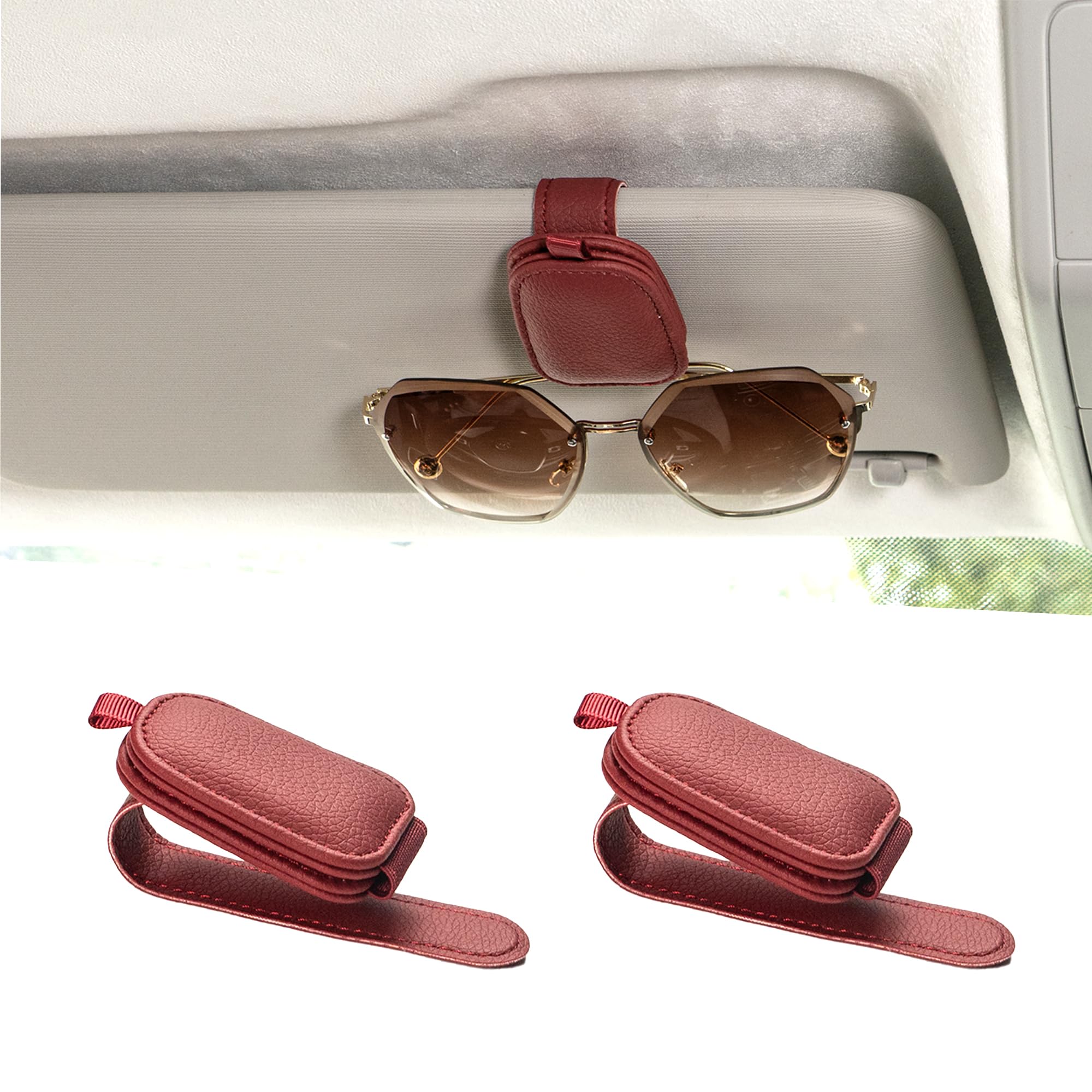 Yuoyar Magnetic Leather Sunglasses Holder for Car, 2 Packs (Red)
