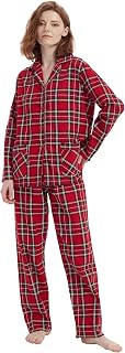 Amaxer Women's Flannel Pyjama Set, 100% Cotton, Autumn/Winter Pyjamas, Long Two-Piece