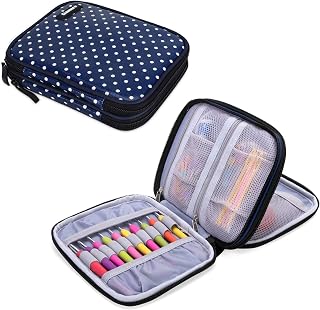 Damero Crochet Hook Case Organizer Empty, Medium, Blue Dots | Crochet Hook Holder Zipper Bag with Web Pockets for Crochet Needles and Knitting Accessories, Lightweight, Easy to Carry