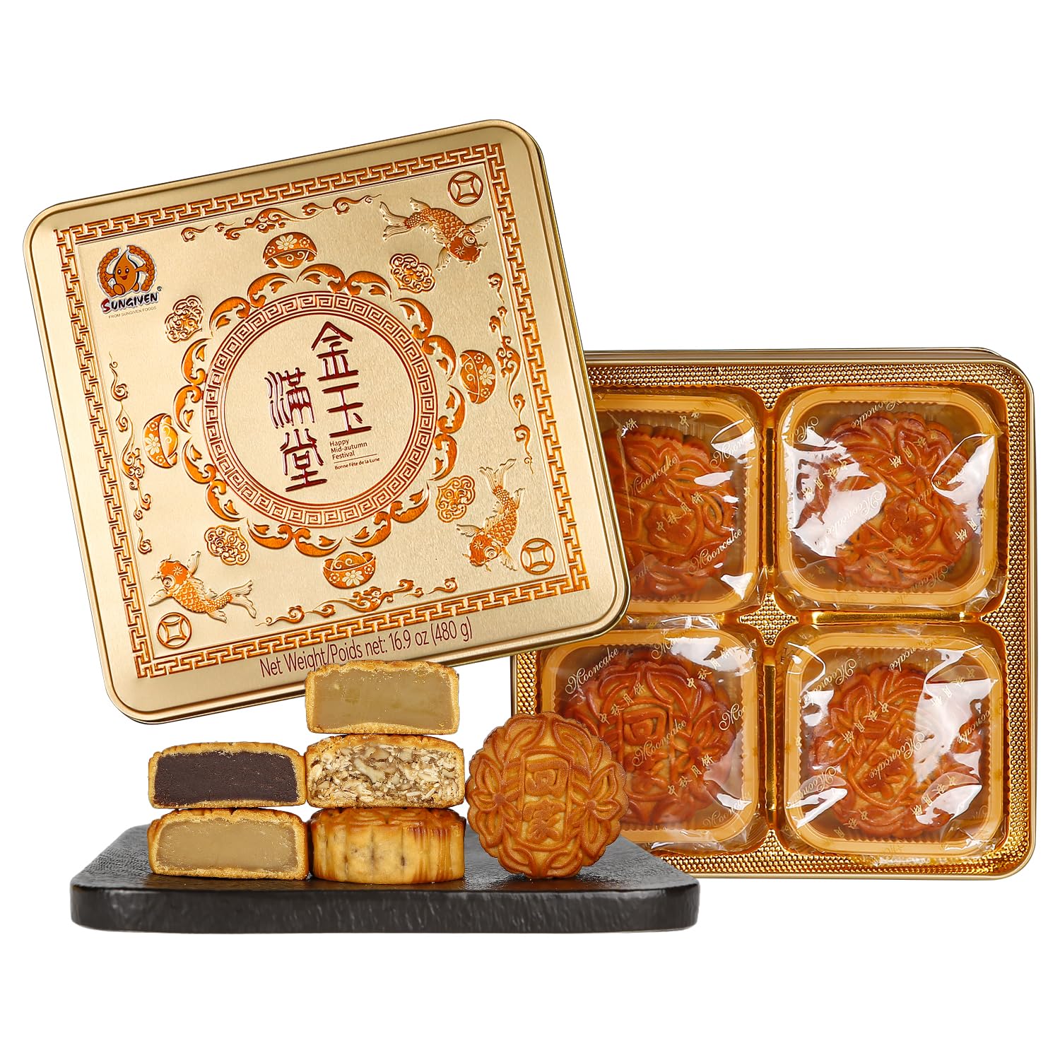 ONETANG Classics Cantonese Mooncakes, 4 Pcs, Chestnut, White Lotus Paste, Mix Nu