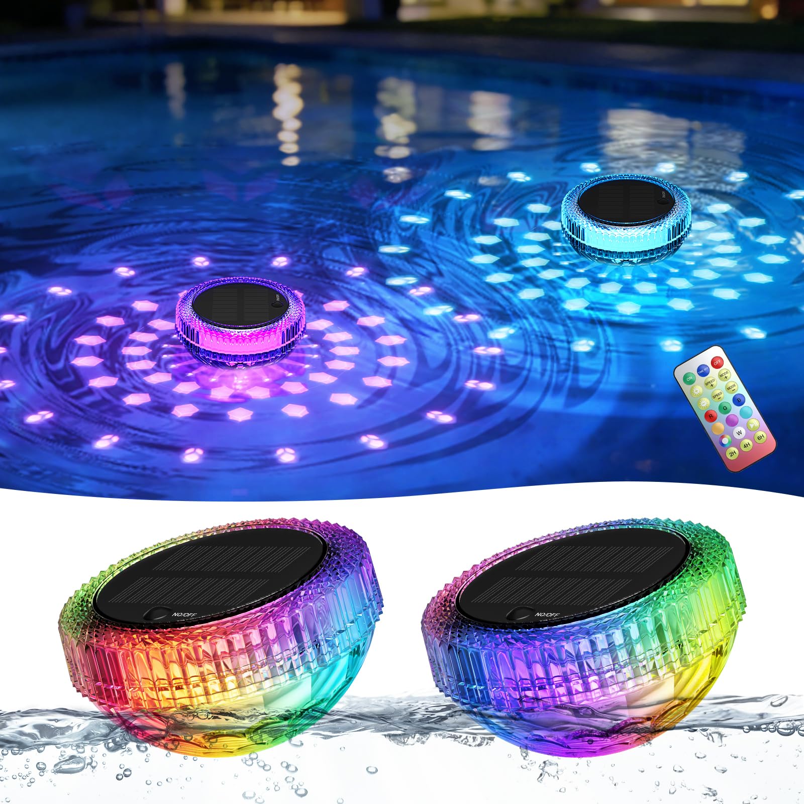 BSgifts Solar Pool Lights, LED Floating Pool Lights with Remote, 2 Pack | RGB Co