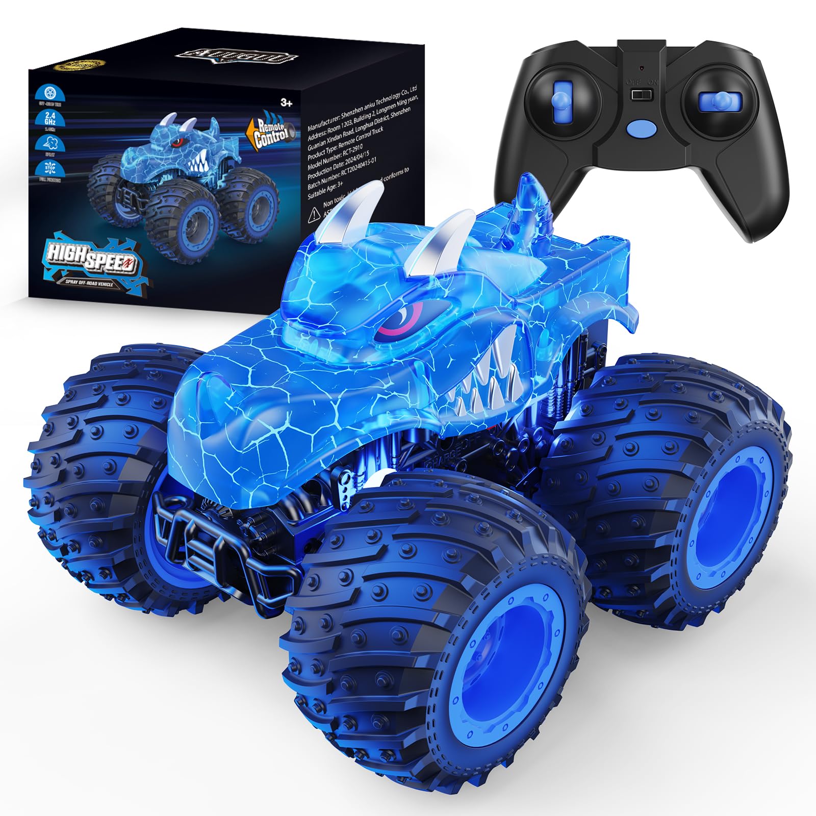 AUUGUU Remote Control Car, 2.4GHz Monster Trucks Toys with Light Spray, Birthday
