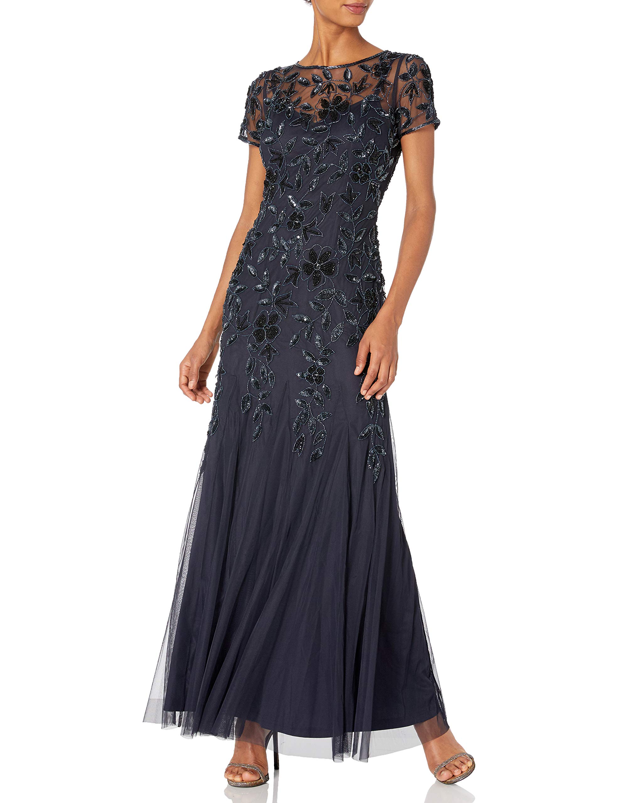 Adrianna Papell Womens Floral Beaded Godet Gown