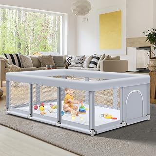 Fshibila 74" ×50" Large Baby Playpen, Baby Playard for Babies and Toddlers, Baby Fence Play Pens for Indoor &amp; Outdoor, Sturdy Safety Play Yard with Soft Breathable Mesh, Anti-Fall, Grey