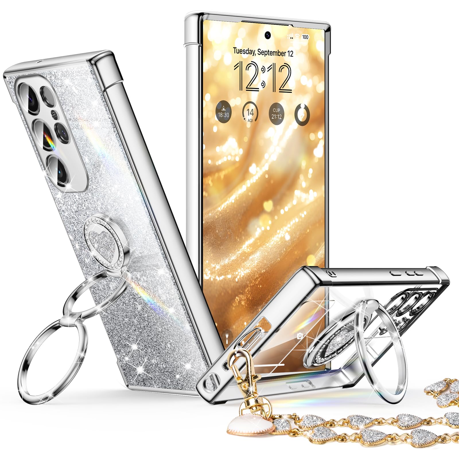 XYZ Galaxy S24 Ultra Case with Stand, Double Ring, Hearts, Silver