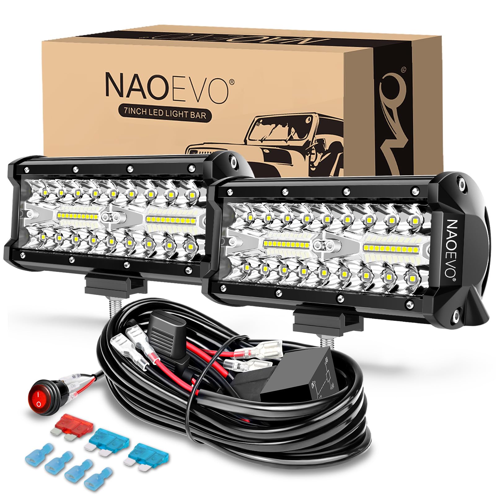 NAOEVO 7 Inch LED Light Bar, White Off Road/Fog Lights with 2-Lead Harness | 240