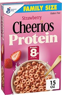 Cheerios Protein Cereal, Strawberry, 8g Protein, Family Size, 15 oz | Oat & Pea Protein Blend, Gluten Free, 12g Whole Grain, No Artificial Flavors or Colors