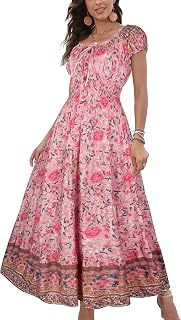 OSTOO Women's Summer 2025 Short Sleeve Boho Floral Print Multi-Layer Long Dress Flowy Casual