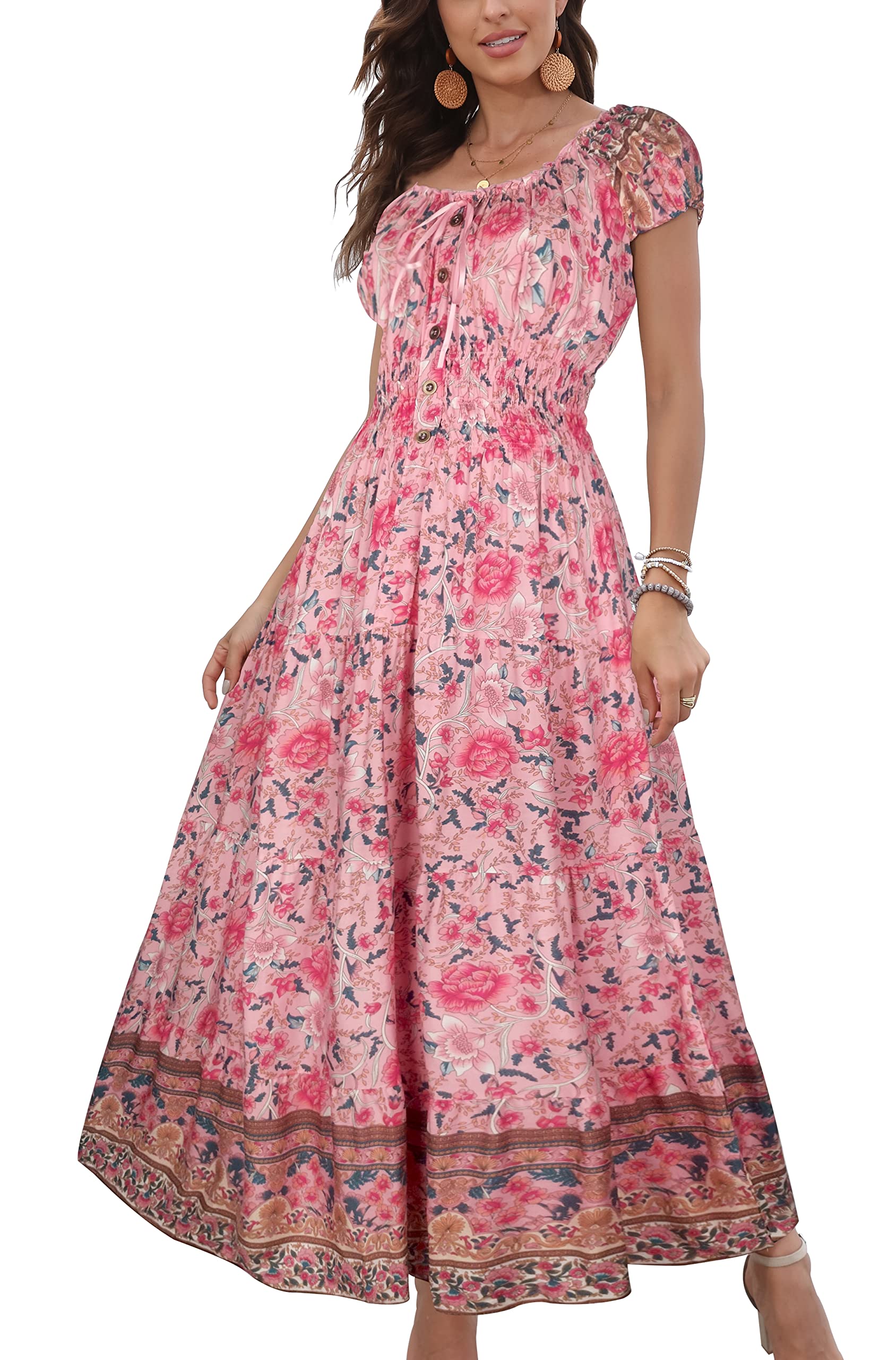 OSTOO Women's Summer 2025 Short Sleeve Boho Floral Print Multi-Layer Long Dress 